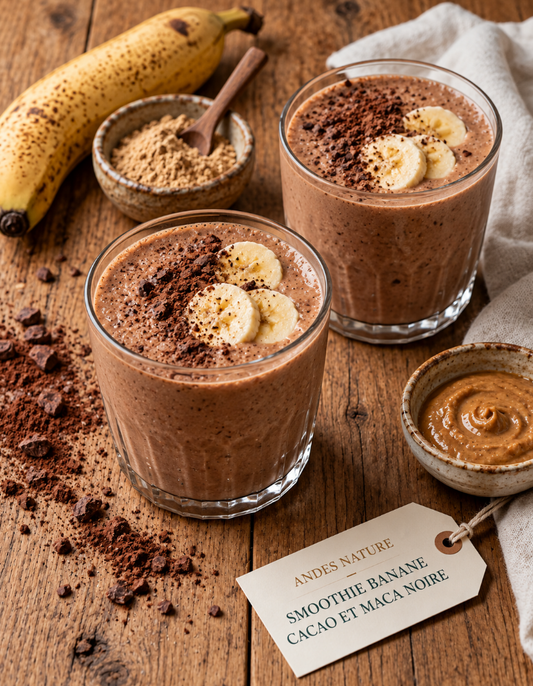 Smoothie banane, cacao et maca noire