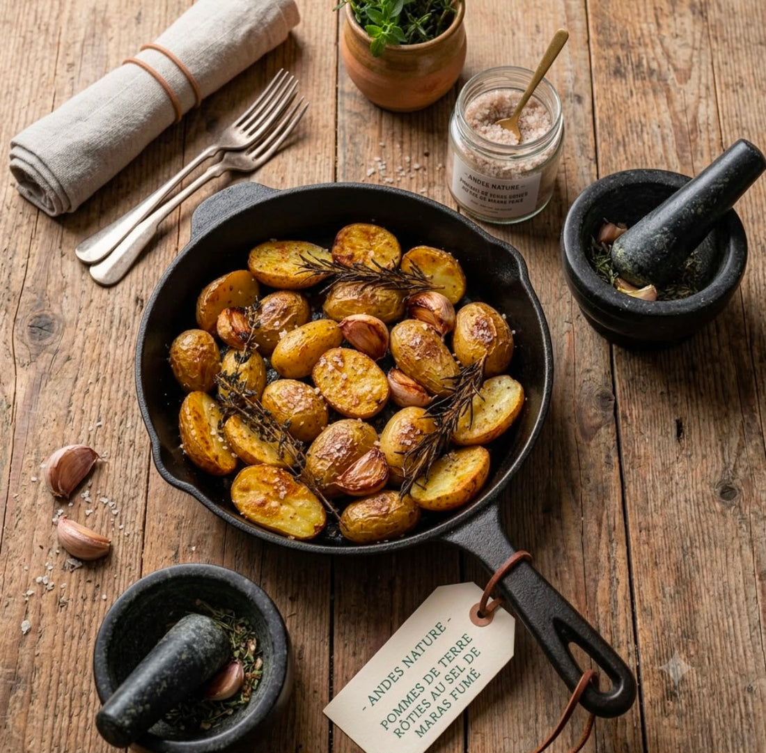 Pommes de terre rôties au sel de Maras fumé dans une poêle en fonte, avec ail et thym