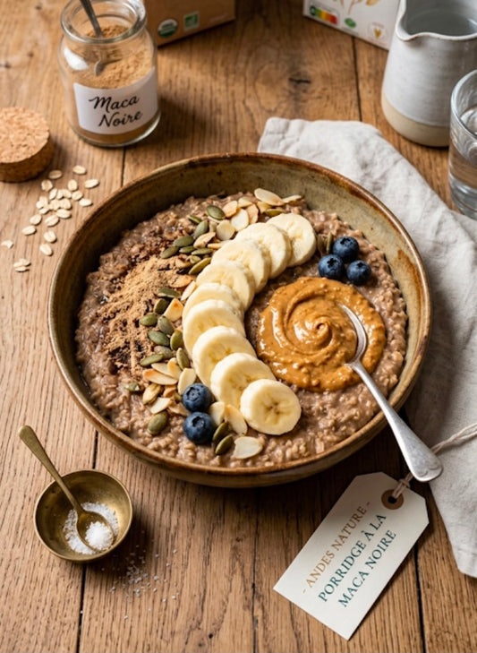 Bol de porridge à la maca noire avec banane, myrtilles, amandes et beurre de cacahuète
