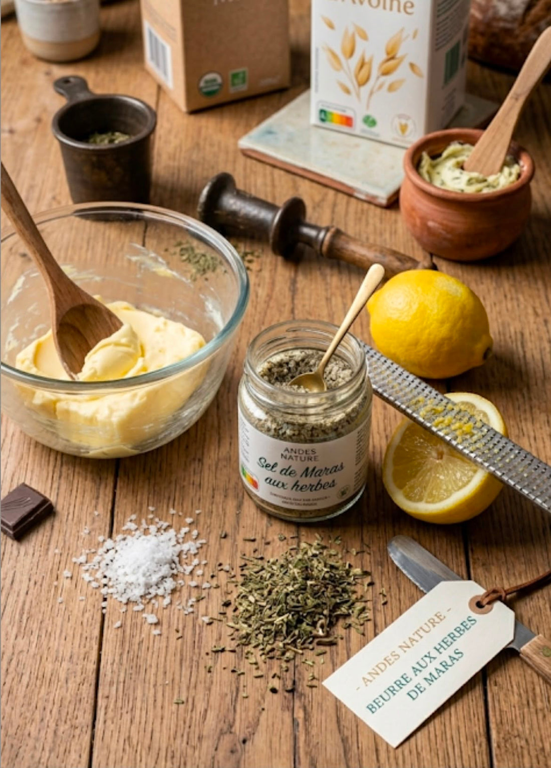 Préparation du beurre aux herbes de Maras avec sel aux herbes, citron et zesteur