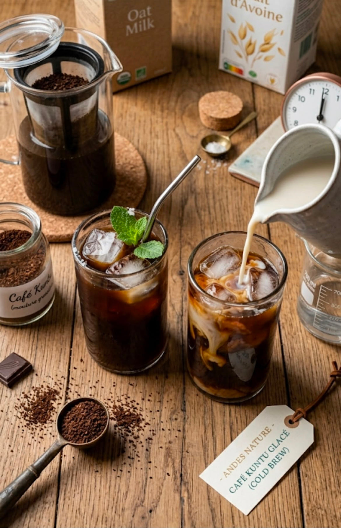 Deux verres de café Kuntu glacé en extraction à froid, avec lait versé sur la glace