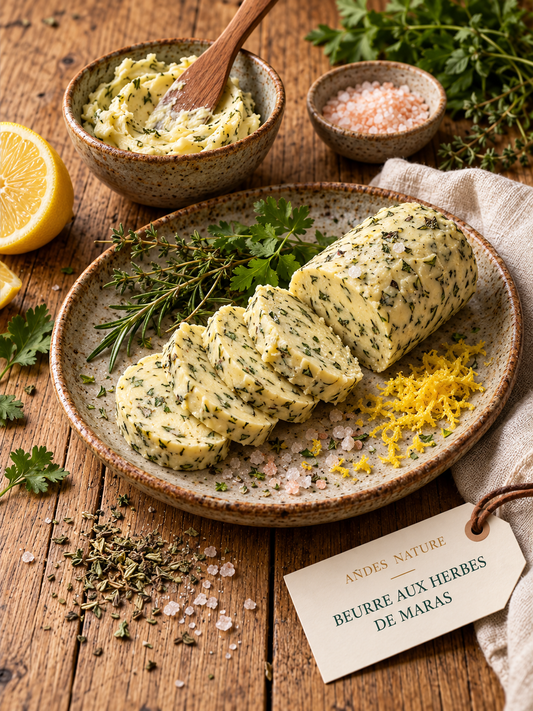 Beurre aux herbes de Maras en rondelles avec zeste de citron