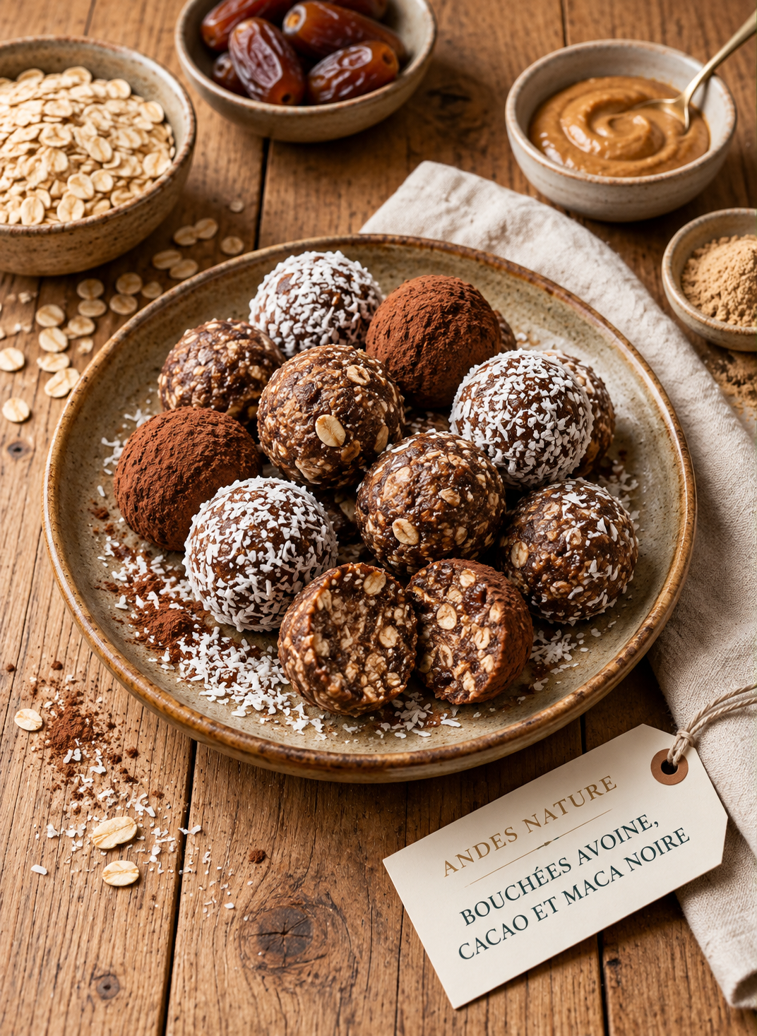 Bouchées sans cuisson à l'avoine, aux dattes, au cacao et à la maca noire