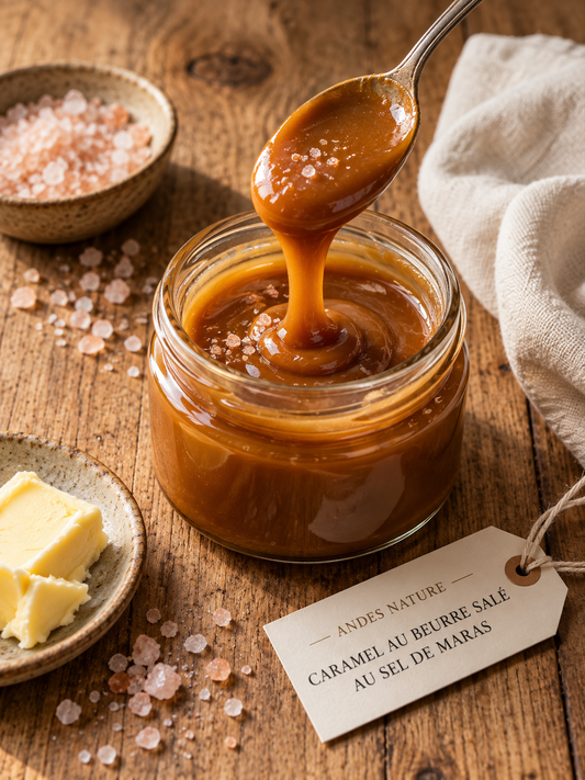 Caramel au beurre salé au sel de Maras dans un pot en verre