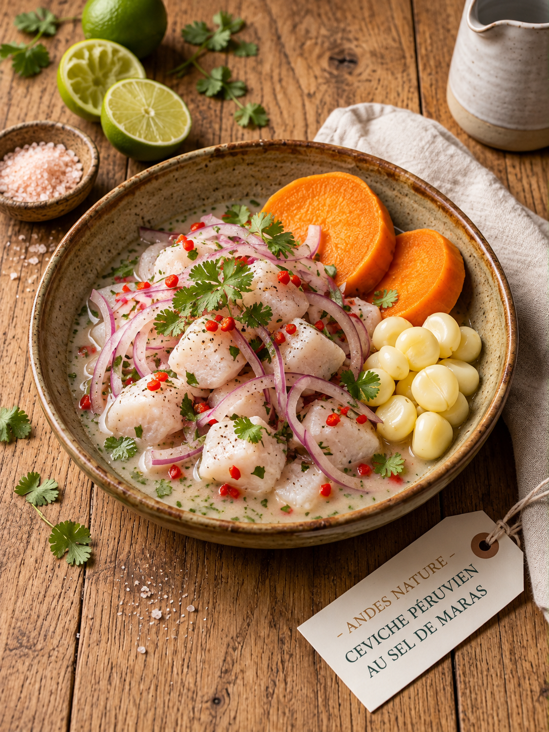 Ceviche péruvien au sel de Maras, citron vert et oignon rouge