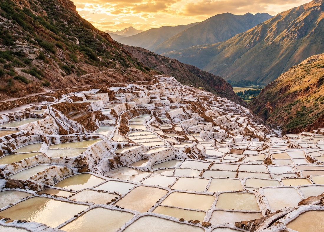 Vue des salines de Maras et de leurs bassins en terrasses, Vallée Sacrée des Incas, Cuzco