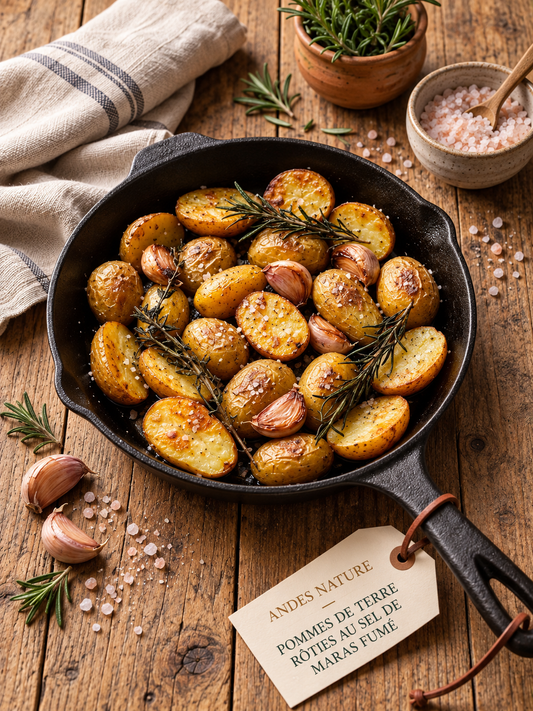 Pommes de terre rôties au sel de Maras fumé, ail et romarin