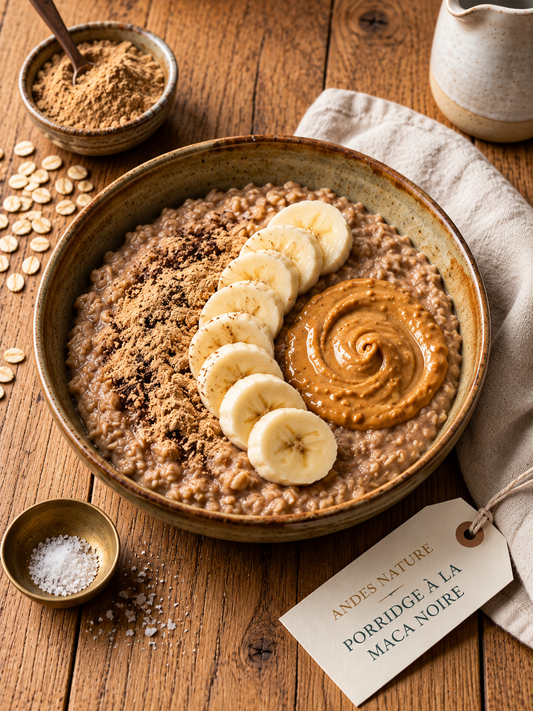 Porridge à la maca noire, banane et beurre de cacahuète