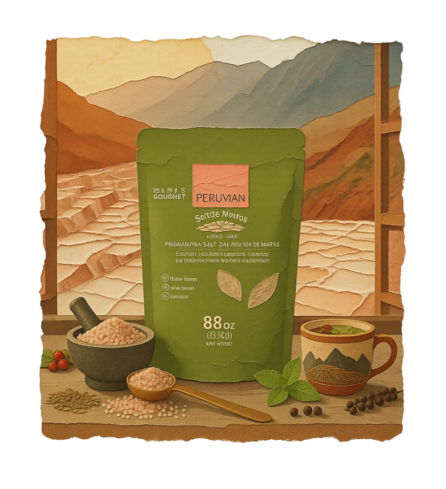 Sachet de sel rose de Maras du Pérou devant les bassins en terrasses des salines