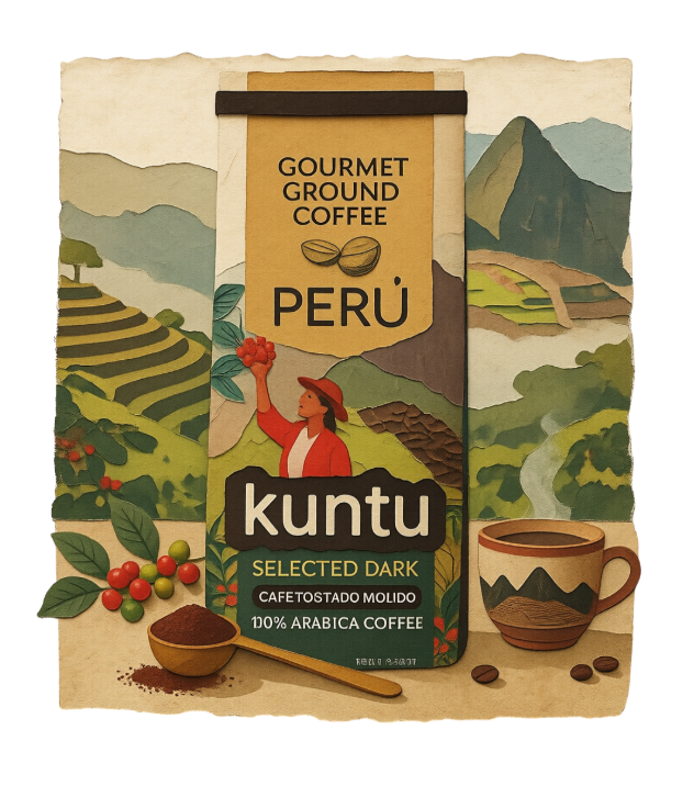 Paquet de café péruvien Kuntu, grains de café et tasse devant les Andes