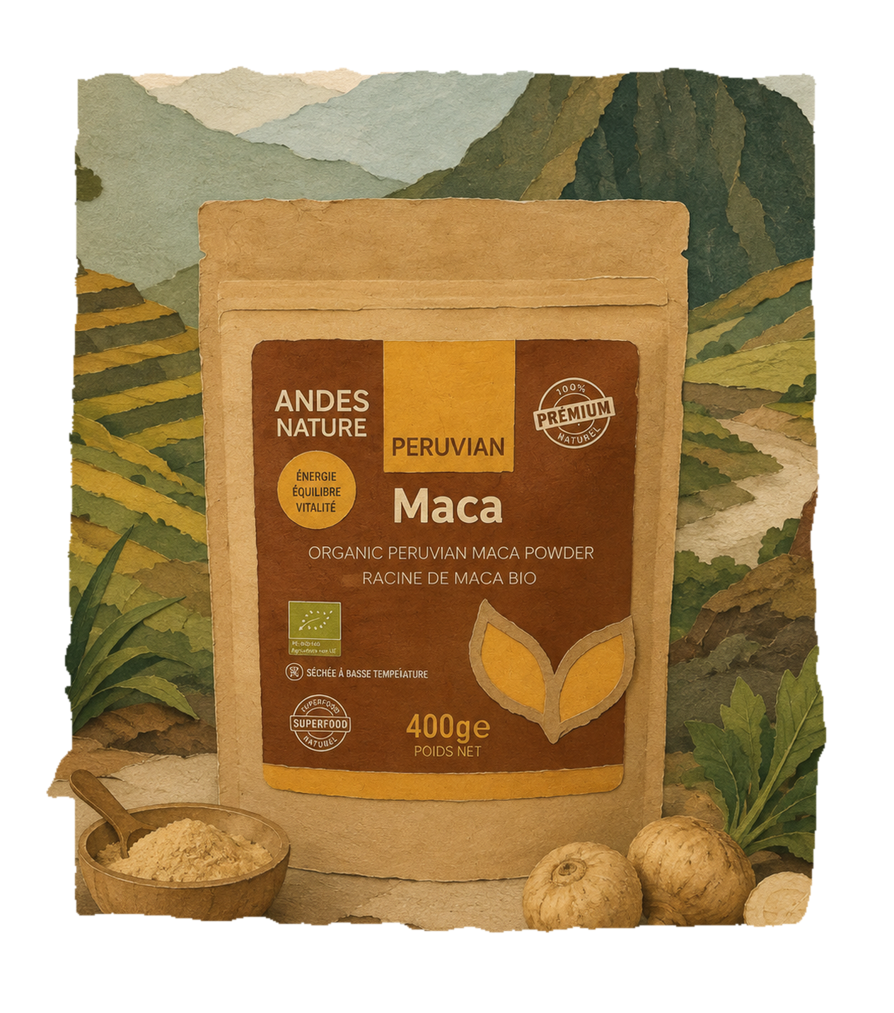 Sachet de maca noire bio du Pérou Andes Nature, avec racines de maca et poudre
