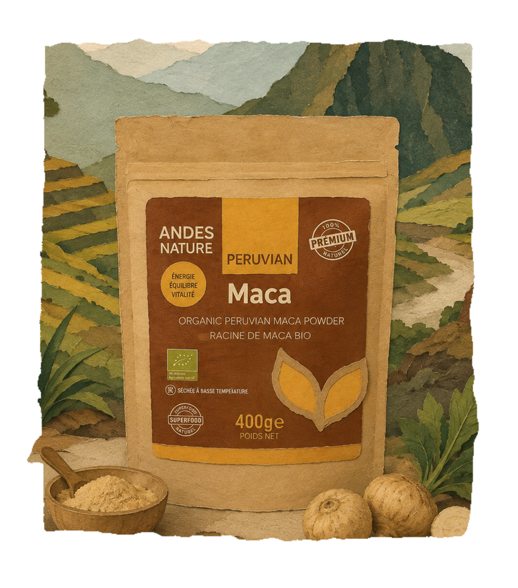 Sachet de maca noire bio du Pérou Andes Nature, avec racines de maca et poudre